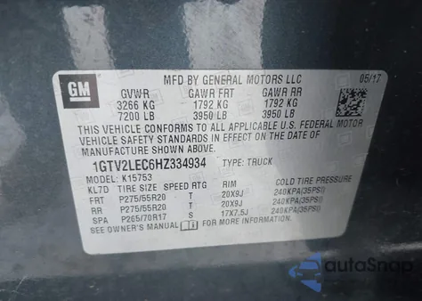 2017 GMC Sierra 1500 z USA, uszkodzony, nr VIN 1GTV2LEC6HZ334934